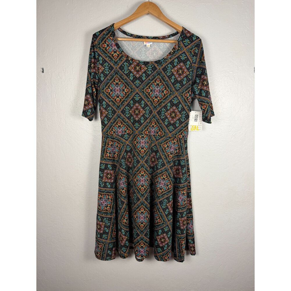 LuLaRoe Nicole Dress 3XL Geometric Mosaic Print Fit & Flare Midi Stretch NWT - Picture 2 of 9